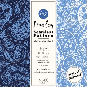 May include: A digital download of a seamless paisley pattern in blue and white. The pattern is 12 inches by 12 inches and is available in JPEG and PNG formats. The pattern is high resolution and has a transparent background. It is available for personal and limited commercial use.