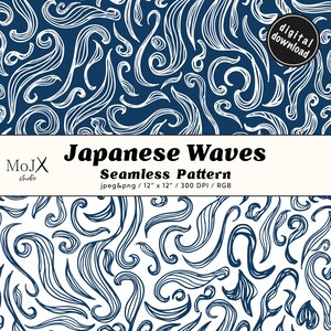 Könnte beinhalten: Digitaler Download eines nahtlosen Musters mit dem Titel "Japanese Waves". Das Design zeigt weiße, fließende Linien auf marineblauem Hintergrund, mit einer passenden Weiß-auf-Weiß-Version. Das Muster ist 30,48 cm x 30,48 cm groß.