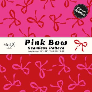 Könnte beinhalten: Nahtloses Muster mit rosa Schleifen auf rotem und pinkfarbenem Hintergrund. Das Design enthält den Text "Pink Bow Seamless Pattern" und "digital download". Das Muster ist 30,48 cm x 30,48 cm groß und in den Formaten JPEG und PNG erhältlich.