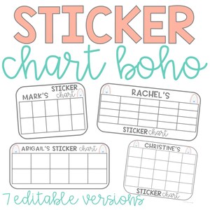 May include: Seven printable sticker charts with a boho rainbow design. Each chart has a space for a name and the words "Sticker Chart".
