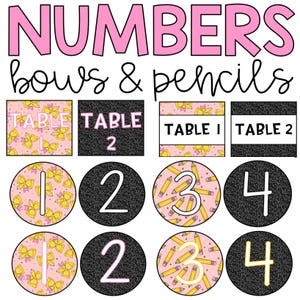 Puede incluir: Un gráfico rosa y negro con las palabras "NUMBERS bows & pencils". La imagen incluye círculos con los números 1, 2, 3 y 4, y etiquetas de mesa. Los números son en blanco y amarillo, con patrones de lazo y lápiz.