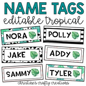 Könnte beinhalten: Editierbare tropische Namensschilder mit schwarz-weiß gemusterten Hintergründen und grünen tropischen Blättern. Die Namen Nora, Polly, Jake, Addy, Sammy und Tyler werden auf den Schildern angezeigt.