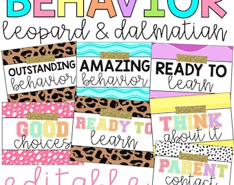 Puede incluir: Pósteres educativos coloridos con las palabras "BEHAVIOR leopard & dalmatian" en la parte superior. Los pósteres presentan frases como "Outstanding behavior", "Amazing behavior" y "Ready to learn". La palabra "editable" está en la parte inferior.