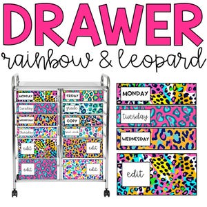 Etykiety na 12 szuflad Rainbow Leopard l Edytowalne