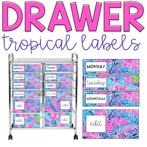 Preppy and Tropical 12 Schubladenetiketten l Bearbeitbar