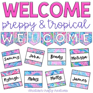 Letrero de bienvenida de estilo preppy y tropical l Etiquetas editables para nombres de puertas l Tablón de anuncios