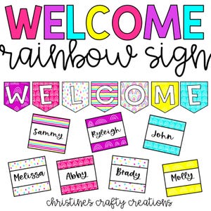 Bright Rainbow Boho Welcome Sign l Editable Door Name Labels l Bulletin Board