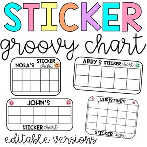 May include: Four printable sticker charts with a groovy font. Each chart has a name at the top, "STICKER chart" and a smiley face. The charts are black and white with a grid of squares.