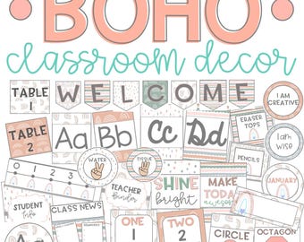 May include: A set of classroom decor featuring a boho theme with rainbow and geometric patterns. The set includes welcome banners, alphabet cards, number cards, table signs, and more. The colors are pink, peach, gray, and teal.