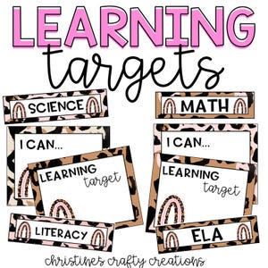 Può includere: Un set di poster di obiettivi di apprendimento stampabili con uno sfondo a stampa leopardata e accenti arcobaleno. I poster includono le parole "Scienze", "Matematica", "Letteratura" e "ELA".