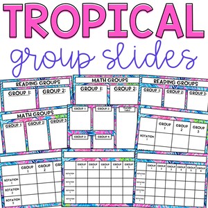 May include: Printable classroom group slides with a tropical theme. The slides are designed for reading and maths groups. The slides have a pink, blue and green floral pattern.