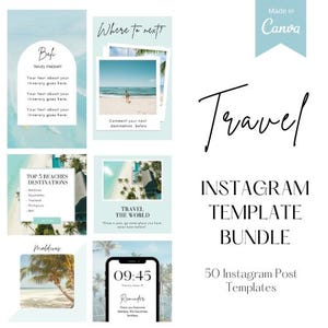 Travel Instagram Template Bundle | 50 Editable Canva Templates | Instagram Travel Posts for Bloggers & Influencers | Canva | Blue and White