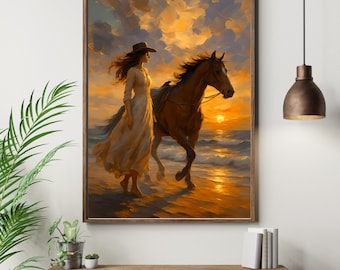Coastal Cowgirl Art Print: Beach Horse Sunset (Digital Download)