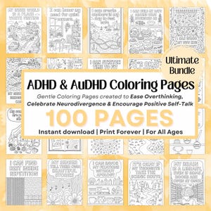 May include: A digital collection of 100 ADHD and AuDHD colouring pages featuring black and white line art illustrations with motivational text. The bundle includes various scenes like landscapes, cosy rooms, and abstract patterns for creative expression.