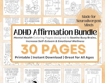 ADHD Affirmation Coloring Pages Bundle – 30 Mental Health Printables for Self-Esteem, Focus & Emotional Wellness | Neurodivergent-Friendly