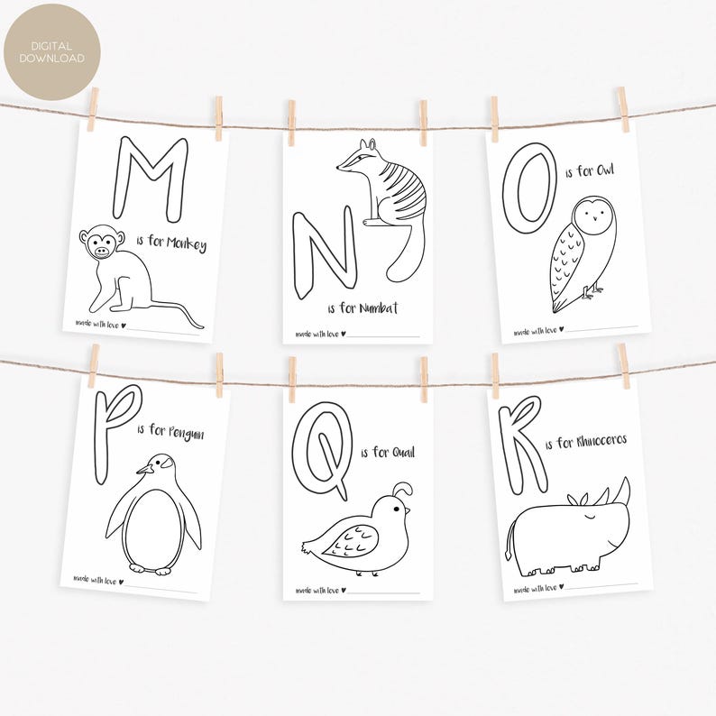 May include: Six black and white alphabet flashcards with animal illustrations, including a monkey, owl, penguin, and rhinoceros. Each card features a letter and the animal's name. The cards are hanging from a string with wooden clothespins.