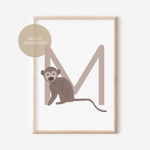 M - MACACO / Inglês / ABC, Alfabeto, Letra, Animal, Nome / Pôster de berçário / Download digital