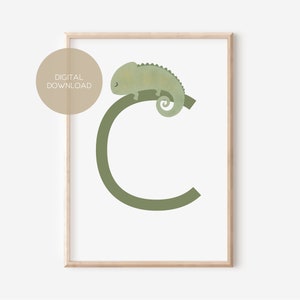 C - CAMÉLÉON / Anglais, Allemand / ABC, Alphabet, Lettre, Animal, Nom / Pépinière / Affiche, Carte postale / Téléchargement numérique