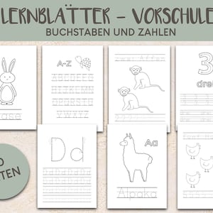 HOJAS DE APRENDIZAJE / PREESCOLAR / Alemán / Letras+Números / Escribir+Contar / A-Z / 1-10 / Animales / Hojas para colorear para niños / Descarga digital