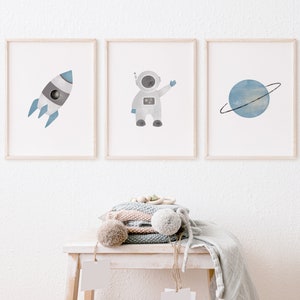 ASTRONAUT, WELTRAUM, RAKETE - Kinderzimmer Poster / 3er Set / blau / Digitaler Download