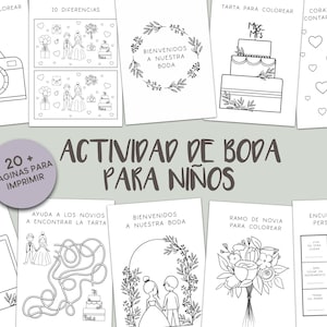 Peut inclure: Un ensemble de plus de 20 pages d'activités de mariage imprimables pour les enfants. Les pages comprennent des activités telles que la coloration, la recherche de différences, un labyrinthe et un jeu de "trouve quelqu'un qui". Les pages sont en noir et blanc et présentent des illustrations d'un gâteau de mariage, d'une mariée et d'un marié, d'un bouquet de fleurs et de cœurs.