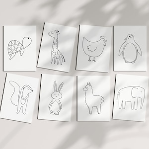 Preview of eight printable animal coloring pages featuring a turtle, giraffe, chicken, penguin, xerus, rabbit, alpaca, and elephant. Fun coloring activity for toddlers, preschoolers, kindergarten, and young children.