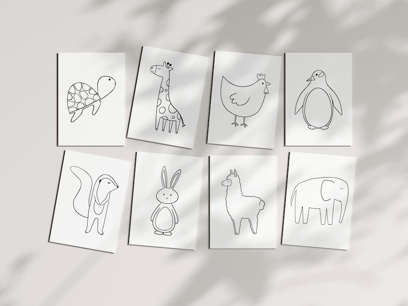 Preview of eight printable animal coloring pages featuring a turtle, giraffe, chicken, penguin, xerus, rabbit, alpaca, and elephant. Fun coloring activity for toddlers, preschoolers, kindergarten, and young children.