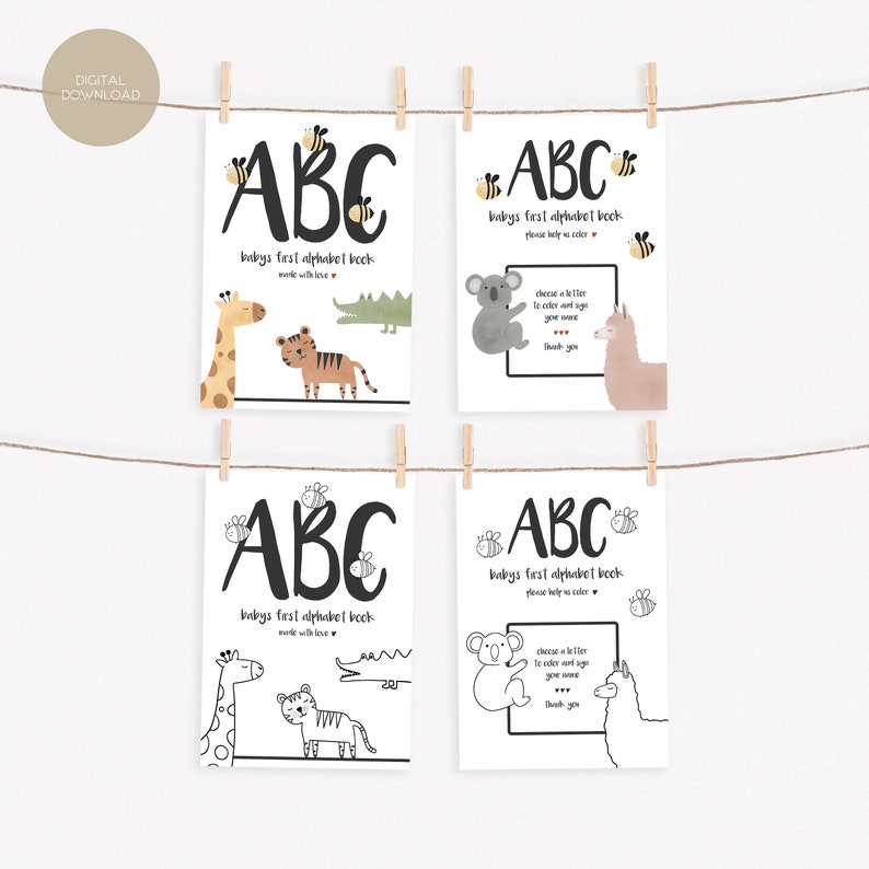 K&ouml;nnte beinhalten: Vier druckbare Karten mit einer Schwarzwei&szlig;illustration der Buchstaben ABC. Jede Karte zeigt eine andere Tierillustration und den Text "Baby's first alphabet book" mit Anweisungen zum Ausmalen der Tiere. Die Karten sind an einer Schnur mit W&auml;scheklammern aufgeh&auml;ngt.