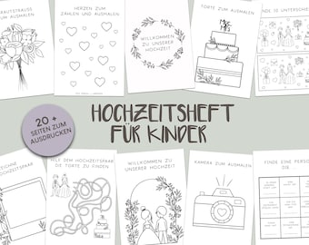 Libro de actividades infantiles sobre bodas – Alemán – Más de 20 páginas para colorear y rompecabezas con motivos nupciales – Libro de actividades para niños – Libro para colorear de bodas – Descargar