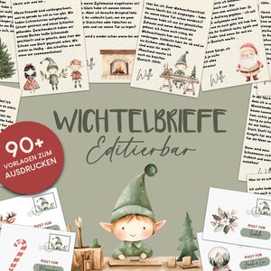Pode incluir: Uma coleção de cartões e artigos de papelaria ilustrados com tema natalino. Os cartões apresentam imagens festivas como elfos, árvores de Natal e Papai Noel. O texto "Wichtelbriefe Editierbar" é exibido de forma proeminente.
