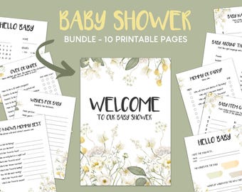 BABY SHOWER BUNDLE / English / Wildflowers / Watercolor Baby in Bloom / Games, Predictions, Advice / 10 Printable Pages / Digital Download