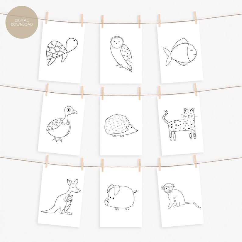 Nine coloring pages with simple line drawings of a turtle, owl, fish, duck, hedgehog, leopard, kangaroo, pig, and monkey, hanging from a string with clothespins, with a "DIGITAL DOWNLOAD" tag in the top left.
