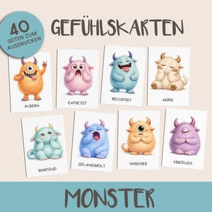 Può includere: Un set di carte delle emozioni con mostri dei cartoni animati. Ogni carta mostra un mostro diverso con un'espressione unica e una parola tedesca corrispondente. Le carte sono disposte su uno sfondo bianco, con la parola "MONSTER" in basso.