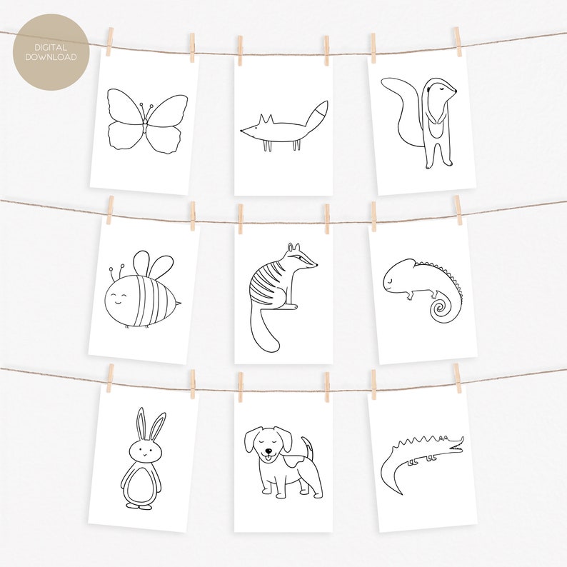 Nine coloring pages with simple line drawings of a butterfly, fox, skunk, bee, raccoon, chameleon, rabbit, dog, and alligator, hanging from a string with clothespins, with a "DIGITAL DOWNLOAD" tag in the top left.