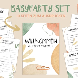 FORMES DE FÊTE DE BÉBÉ / Allemand / Aquarelle / Jeux de baby shower / Souhaits, prédictions, devinettes / 10 pages / Téléchargement numérique