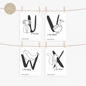 K&ouml;nnte beinhalten: Vier schwarz-wei&szlig;e druckbare Alphabet-Flashcards mit einem U f&uuml;r Unal, einem V f&uuml;r Vulture, einem W f&uuml;r Whale und einem X f&uuml;r Xerus. Jede Karte zeigt den Buchstaben, das Tier und den Satz "is for" gefolgt vom Namen des Tieres.