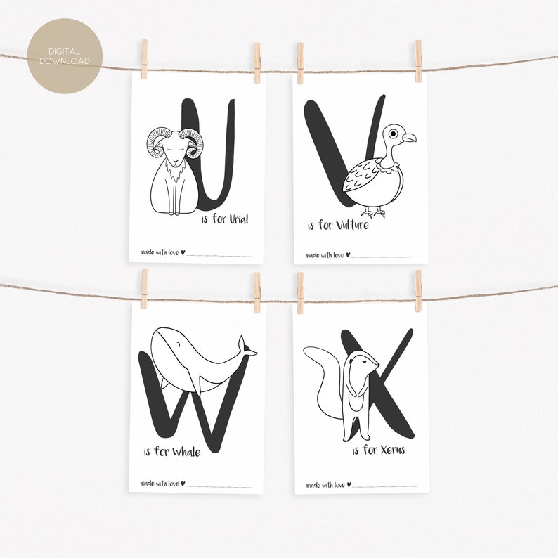 K&ouml;nnte beinhalten: Vier schwarz-wei&szlig;e druckbare Alphabet-Flashcards mit einem U f&uuml;r Unal, einem V f&uuml;r Vulture, einem W f&uuml;r Whale und einem X f&uuml;r Xerus. Jede Karte zeigt den Buchstaben, das Tier und den Satz "is for" gefolgt vom Namen des Tieres.