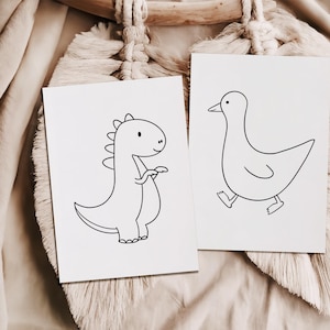 Two printable coloring pages featuring a dinosaur and a goose displayed on a beige blanket. Perfect for toddlers, preschoolers, kindergarten, and young kids.