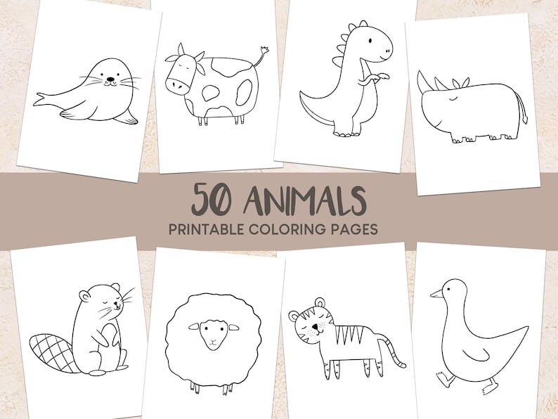Eight coloring pages with simple line drawings of animals, including a seal, cow, dinosaur, rhinoceros, beaver, sheep, tiger, and duck, with text overlay "50 ANIMALS PRINTABLE COLORING PAGES".