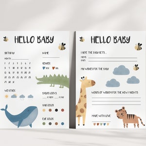 HELLO BABY / ENGELS / Baby Shower Game / Voorspellingen en wensen voor aanstaande ouders / Baby Shower Kaarten / Dieren / Digitale Download