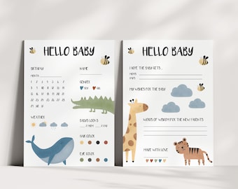 Hallo Baby – Englisch – Baby Shower Spiel – Vorhersagen und Wünsche zum Ausdrucken – Babyparty Karten mit Tieren – Digitaler Download