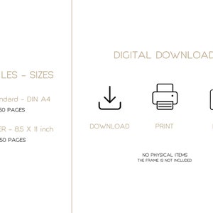 Text on a white background: "PDF FILES - SIZES ISO Standard - DIN A4 50 PAGES US LETTER - 8.5 X 11 inch 50 PAGES" and "DIGITAL DOWNLOAD" with icons for download, print, and frame.