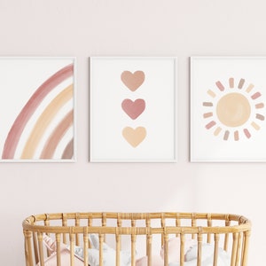 ARCO IRIS, CORAZONES, SOL / Póster de la habitación de los niños Pastel / Buen humor / Diseño Boho / Conjunto de 3 / Colorido / Descarga digital