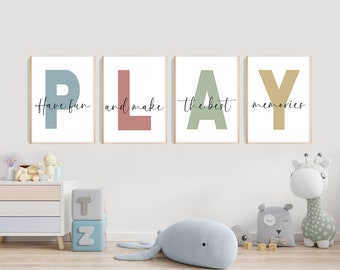 PLAY / Children's room, playroom / Letters / Poster / Have fun and make some memories / Set of 4 / Pastel / Colorful / Digital download