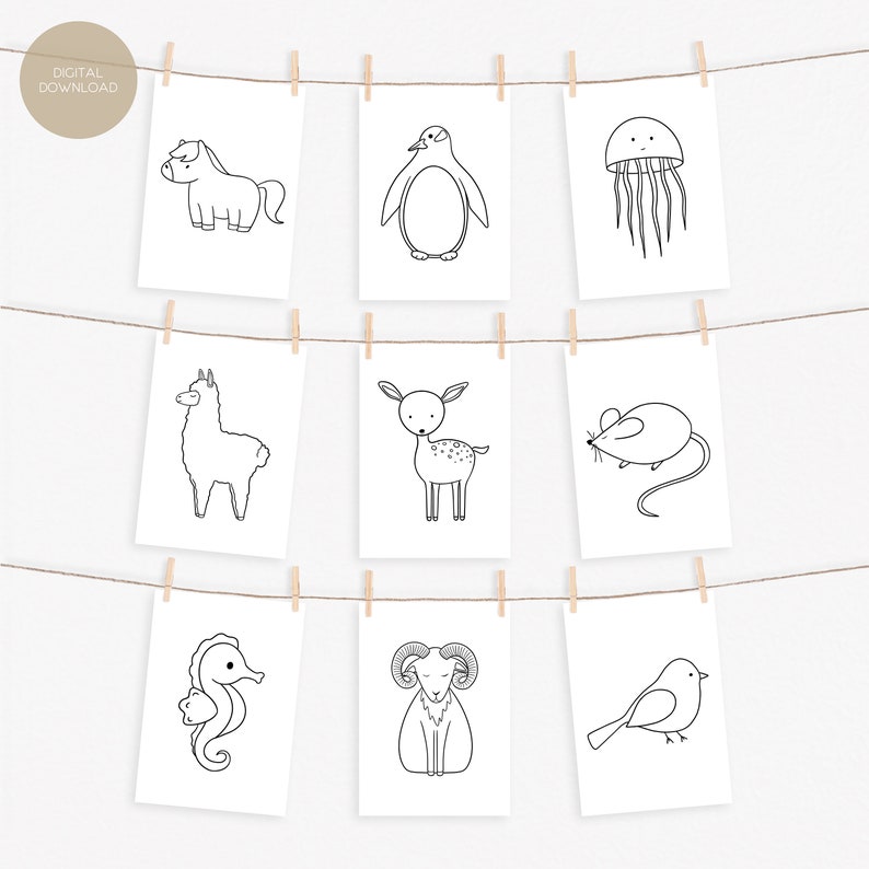 Nine coloring pages with simple line drawings of a horse, penguin, jellyfish, llama, deer, mouse, seahorse, ram, and bird, hanging from a string with clothespins, with a "DIGITAL DOWNLOAD" tag in the top left.
