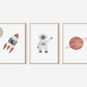 ASTRONAUT, SPACE, ROCKET - Nursery Posters / Set of 3 / Red / Digital Download