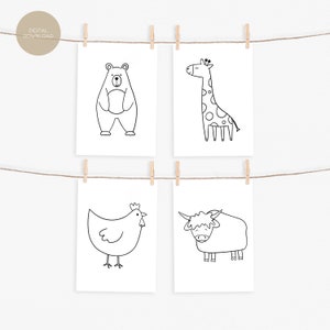 Four coloring pages with simple line drawings of a bear, giraffe, chicken, and yak, hanging from a string with clothespins, with a "DIGITAL DOWNLOAD" tag in the top left.