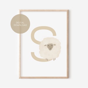 S - SHEEP / Inglés, Alemán / ABC, Alfabeto, Letra, Animal, Nombre / Cartel de guardería / Descarga digital