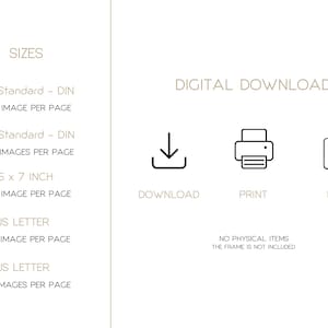 K&ouml;nnte beinhalten: Digitaler Download-Grafik, die Optionen zum Drucken und Einrahmen von druckbarem Kunstwerk zeigt. Der Text lautet "Digitaler Download", "Herunterladen", "Drucken" und "Rahmen". Die Grafik enth&auml;lt auch Text, der "ISO Standard - DIN", "EIN BILD PRO SEITE", "ZWEI BILDER PRO SEITE", "5 x 7 ZOLL", "US LETTER" und "KEINE PHYSIKALISCHEN ARTIKEL DER RAHMEN IST NICHT INBEGRIFFEN" lautet.