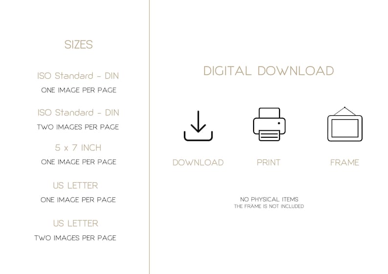 K&ouml;nnte beinhalten: Digitaler Download-Grafik, die Optionen zum Drucken und Einrahmen von druckbarem Kunstwerk zeigt. Der Text lautet "Digitaler Download", "Herunterladen", "Drucken" und "Rahmen". Die Grafik enth&auml;lt auch Text, der "ISO Standard - DIN", "EIN BILD PRO SEITE", "ZWEI BILDER PRO SEITE", "5 x 7 ZOLL", "US LETTER" und "KEINE PHYSIKALISCHEN ARTIKEL DER RAHMEN IST NICHT INBEGRIFFEN" lautet.